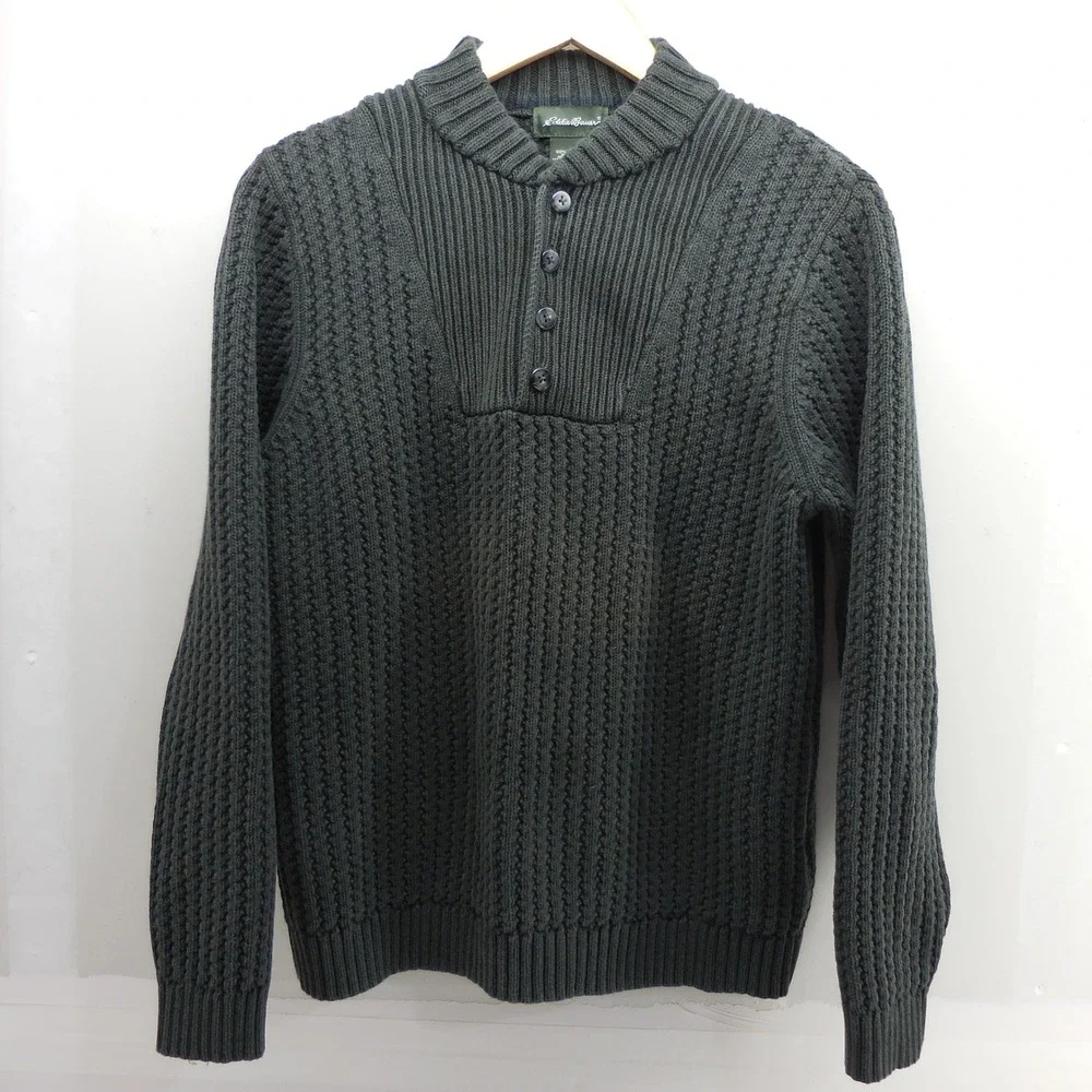 Vintage Eddie Bauer Mens Small Green Cotton Ribbed Knit Henley Mock Neck Sweater